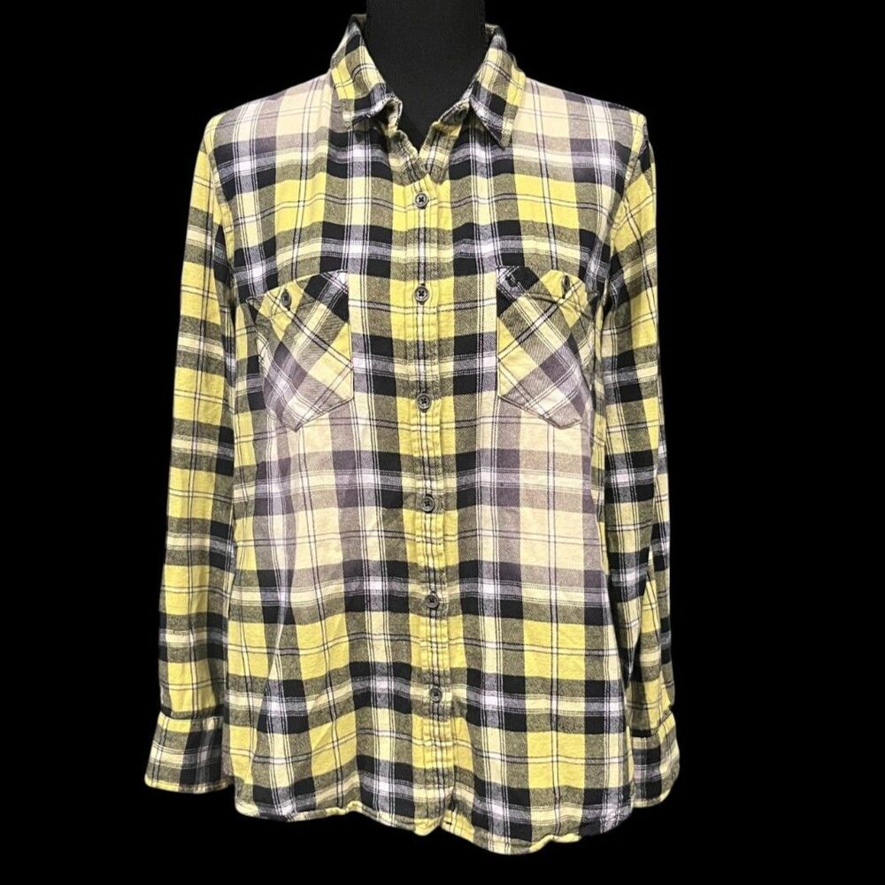 TRUE RELIGION Chartreuse & Black Plaid Flannel Women's Utility Shirt Grunge Sz L